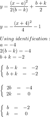 y=\dfrac{(x-a)^2}{2(b-k)} +\dfrac{b+k}{2} \\\\\\y=-\dfrac{(x+4)^2}{4} -1 \\\\Using\ identification:\\a=-4\\2(b-k)=-4\\b+k=-2\\\\\left\{\begin{array}{ccc}b-k&=&-2\\b+k&=&-2\\\end{array}\right.\\\\\\\left\{\begin{array}{ccc}2b&=&-4\\2k&=&0\\\end{array}\right.\\\\\\\left\{\begin{array}{ccc}b&=&-2\\k&=&0\\\end{array}\right.\\