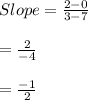 Slope = \frac{2-0}{3-7}\\\\=\frac{2}{-4}\\\\=\frac{-1}{2}