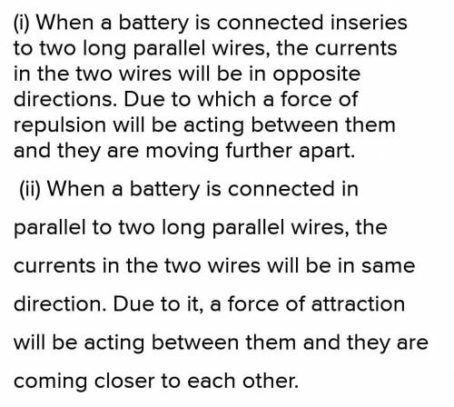 Two long straight wires are suspended vertically. The wires are connected in series, and a current f