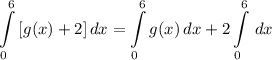 \displaystyle \int\limits^6_0 {[g(x) + 2]} \, dx = \int\limits^6_0 {g(x)} \, dx + 2\int\limits^6_0 {} \, dx