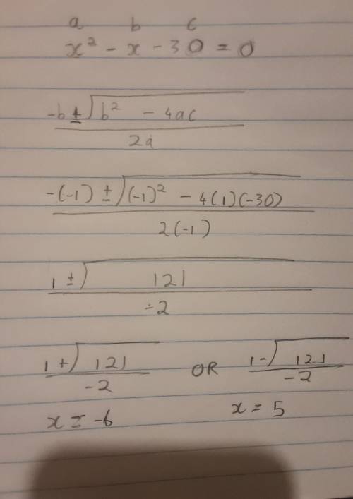 Solve by factoring 
x^2-x -30=0