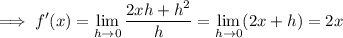 \implies\displaystyle f'(x) = \lim_{h\to0}\frac{2xh+h^2}h = \lim_{h\to0}(2x+h) = 2x
