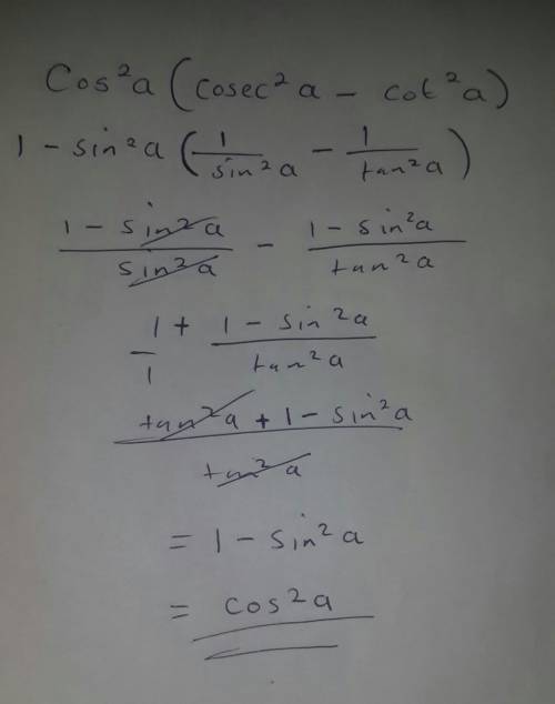 Prove thatcos^2α(cosec^2α-cot^2α)=cos^2α​
