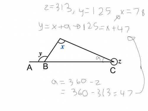 A b and c lie on a straight line given that angle y = 125 and angle z = 313 work out x