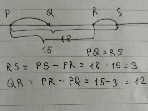 Points P, Q, R, and S are collinear. Point Q is between P and R, R is between Q and S, and PQ = RS.