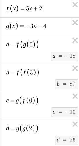 Given f(x)=5x+2 and g(x)=-3x-4, find the following: a. f(g(0))

b. f(f(3))
c. (g of)(0)
d. (g o g)(2