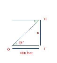 An observer (O) is located 660 feet from a tree (T). The observer notices a hawk (H) flying at a 35°