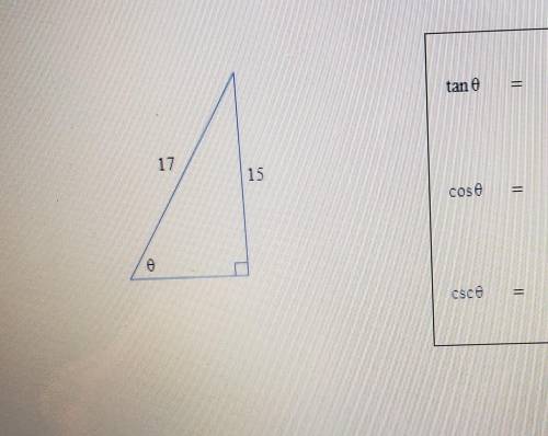 Find tan0, cos0, and csc0, where 0 is the angle shown in the figure. Give exact values, not decimal