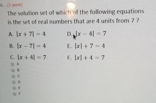 Which of the following is the set of real numbers that are 4 units from 7?