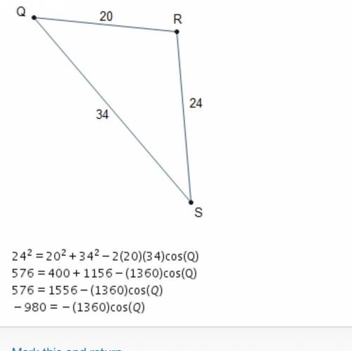 To the nearest whole degree, what is the measure of Angle Q? 44º 49º 54º 59º