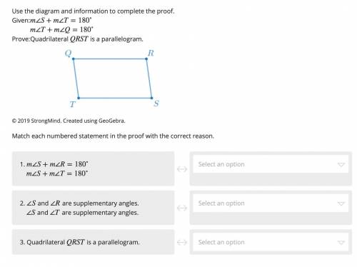 Please help Match each numbered statement in the proof with the correct reason. Options: Definition