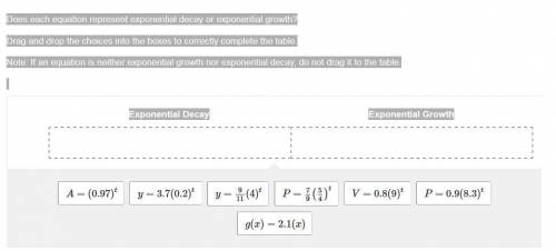 Does each equation represent exponential decay or exponential growth?Drag and drop the choices into