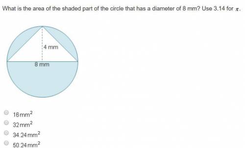 What is the area of the shaded part of the circle that has a diameter of 8 mm? Use 3.14 for Pi.