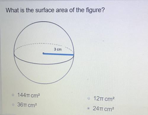 What is the surface area of the figure?144π cm²12π cm²36π cm²24π cm²