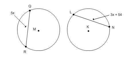 Circles M and K are congruent and QR is congruent to LN. Find QR. 75 65 135 45