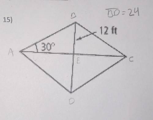 Help me solve #15 please!! Formulas if you need them:RHOMBUS: A = 1/2 (d1)(d2)