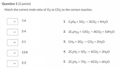 Match the correct mole ratio of O2 to CO2 to the correct reaction.