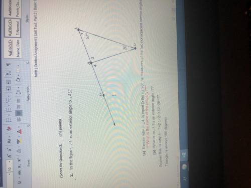 Explain why m<4 is equal to the sum of the measure s of the two non adjacent interior angles what