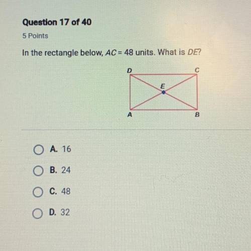In the rectangle below ac=48 units what is de