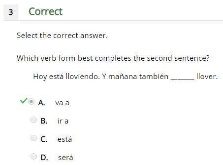 Select the correct answer. Which verb form best completes the second sentence? Hoy está lloviendo. Y