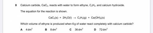 Calcium carbide, CaC2, reacts with water to form ethyne, C2H2, and calcium hydroxide. The equation f