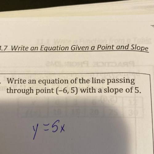 Write an equation of the line passing through point (-6,5) with a slope of 5