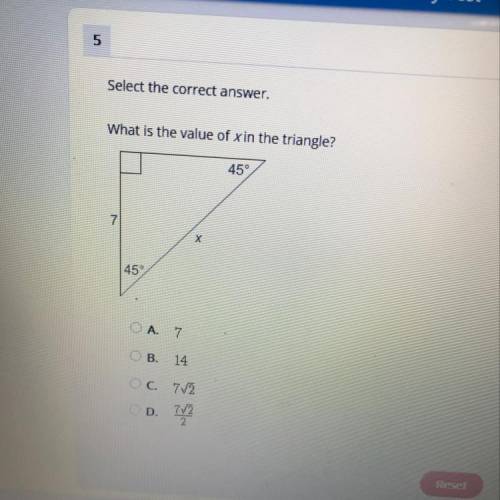 Select the correct answer. What is the value of x in the triangle?