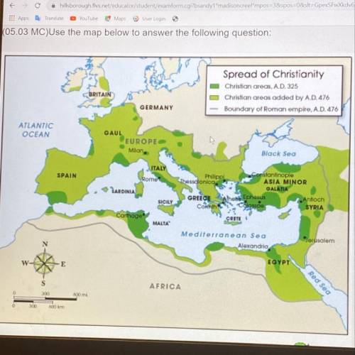 Use the map below to answer the following question: to where had christianity spread by 476 AD  A. t