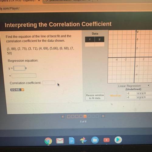 Find the equation of the line of best fit and the correlation coefficient for the data shown. (1, 88