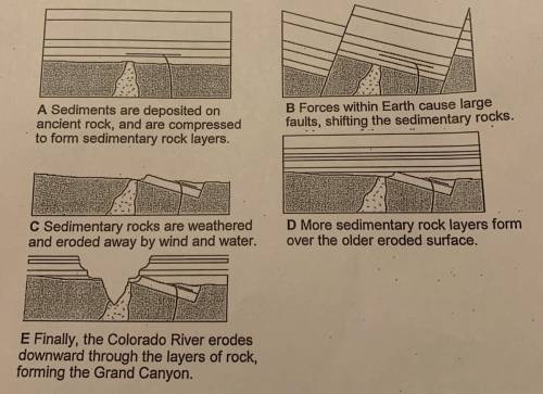 In diagram E, list the three rock formations (two sedimentary rocks and the shaded basement rocks),