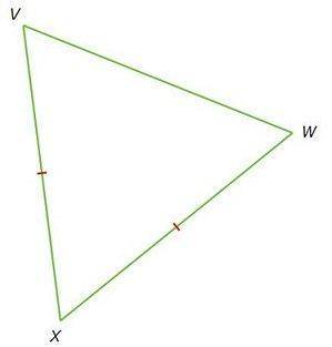 An isosceles triangle is shown. Which two angles must be congruent? A. ∠V ≅ ∠W B. ∠V ≅ ∠X C. ∠W ≅ ∠X