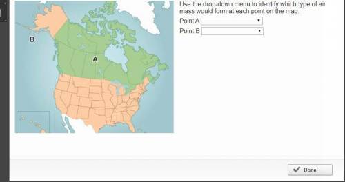 Use the drop-down menu to identify which type of air mass would form at each point on the map. Point