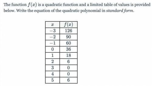 The function f(x) is a quadratic function and a limited table of values is provided below. Write the