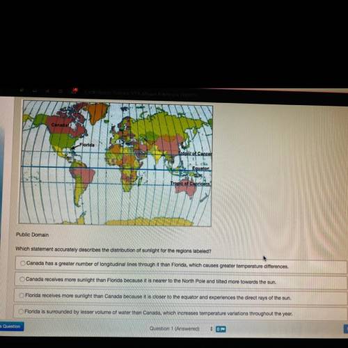 Look at the world map shown below which statement accurately describes the distribution of sunlight