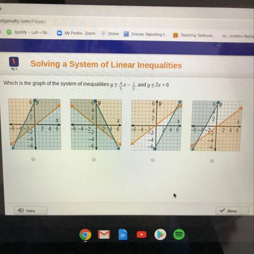 Which is the graph of the system of inequalities y > 4/5 x-1/5 and y < 2x + 6