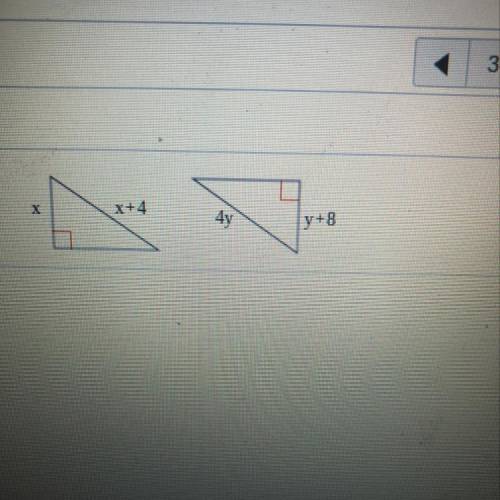 For what values of x and y are the triangles to the right congruent by HL?