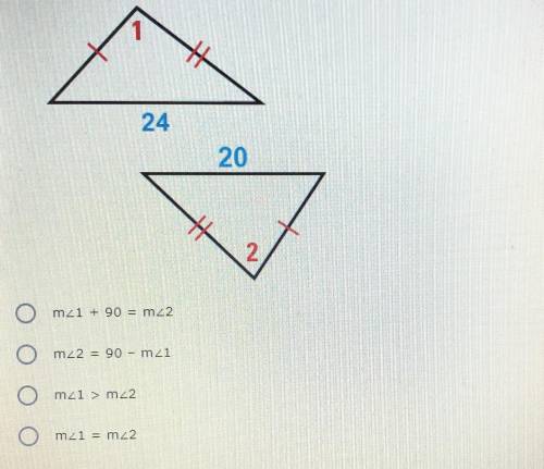 I need help please!!(as soon as possible) Question: What is the relationship between angles 1 and 2