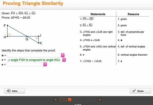 Proving Triangle Similarity Given: FH ⊥ GH; KJ ⊥ GJ Prove: ΔFHG ~ ΔKJG Triangles F H G and K J G con
