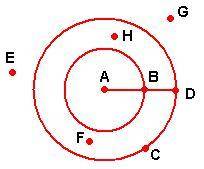 Given: AB = 4 AC = 6 What point is in the interior of both circles? H. A. B.