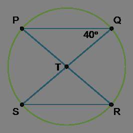 Line P R and Line Q S are diameters of circle T. What is the measure of Arc S R? 50° 80° 100° 120°