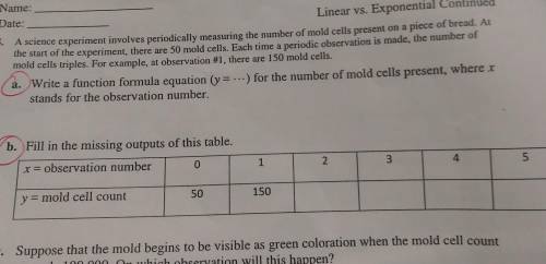 A science experiment involves periodically measuring the number of mold cells present on a piece of