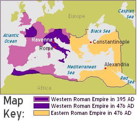 The map above shows changing boundaries of the Roman Empire between 395 AD and 476 AD. Which of the