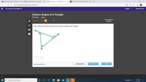 PLEASE HELP.What is the sum of the measures of the exterior angles of this triangle?if u can also he