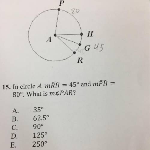 In circle A. MRH = 45° and mÞH = 80°. What is m&PAR?
