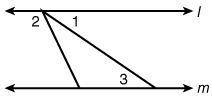 Given that line l and line m are parallel, if m∠1 = 34°, and m∠2 = 116°, what is m∠3? 64° 36° 63° 34