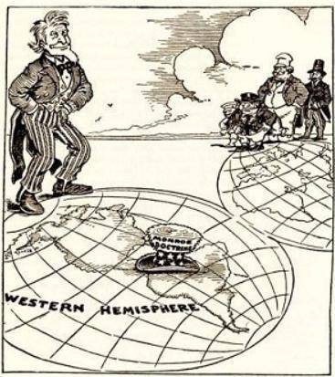 Study the cartoon of Uncle Sam standing on a world map.  A political cartoon of Uncle Sam standing o