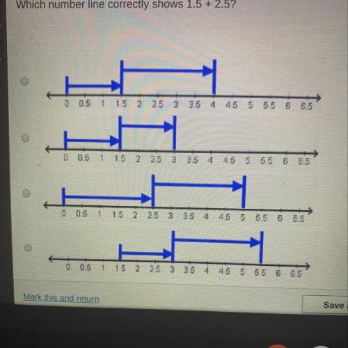Which number line correctly shows 1.5 + 2.5?
