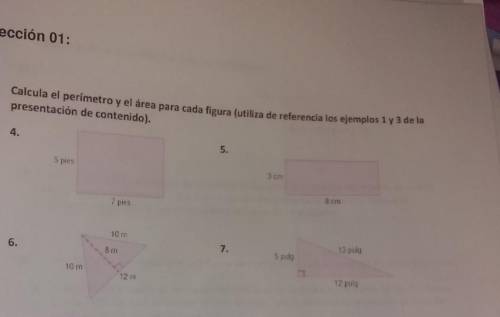 Calculate the primeter and area for each figure number four says ft in Spanish and seven says in