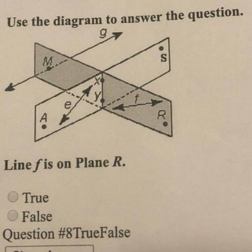 Use the diagram to answer the question. Line f is on plane R. True or false?