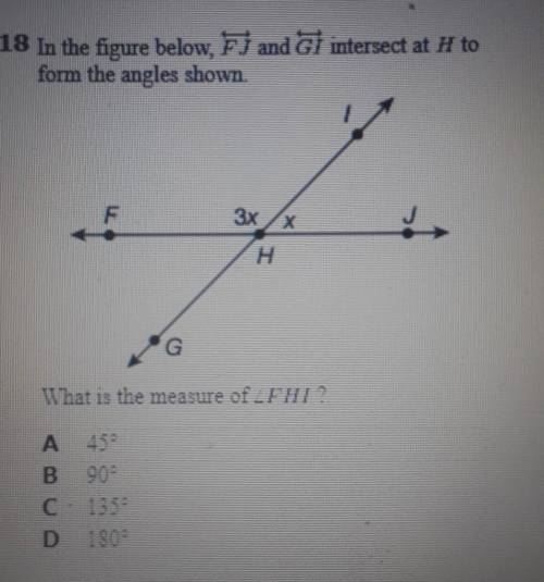In the figure below, FJ and GI intersect at H toform the angles shown.What is the measure of FHI?A.